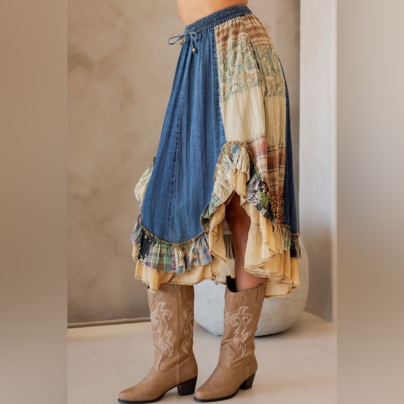 Dresses & Skirts - Boho Denim Patchwork Midi Skirt - Blue & Cream